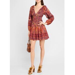 ULLA JOHNSON 'Anika' V-Neck Long Sleeve Mini-Dress, Odessa (Brick Red Multi)